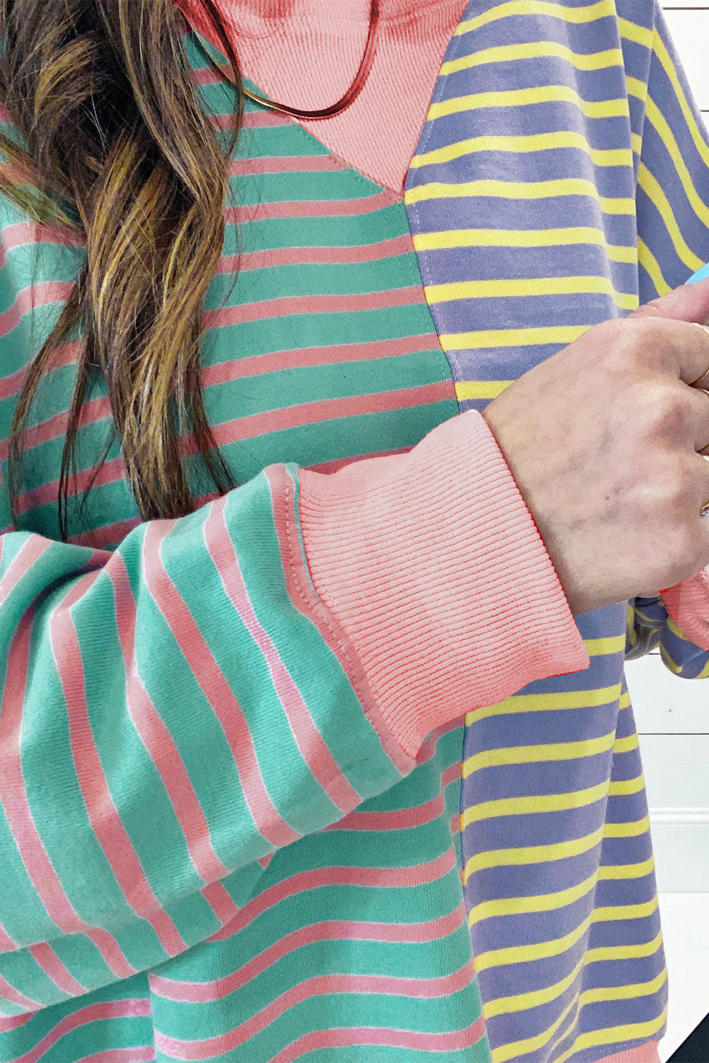 Sky Blue Stripe Colorblock Drop Shoulder Oversize Sweatshirt