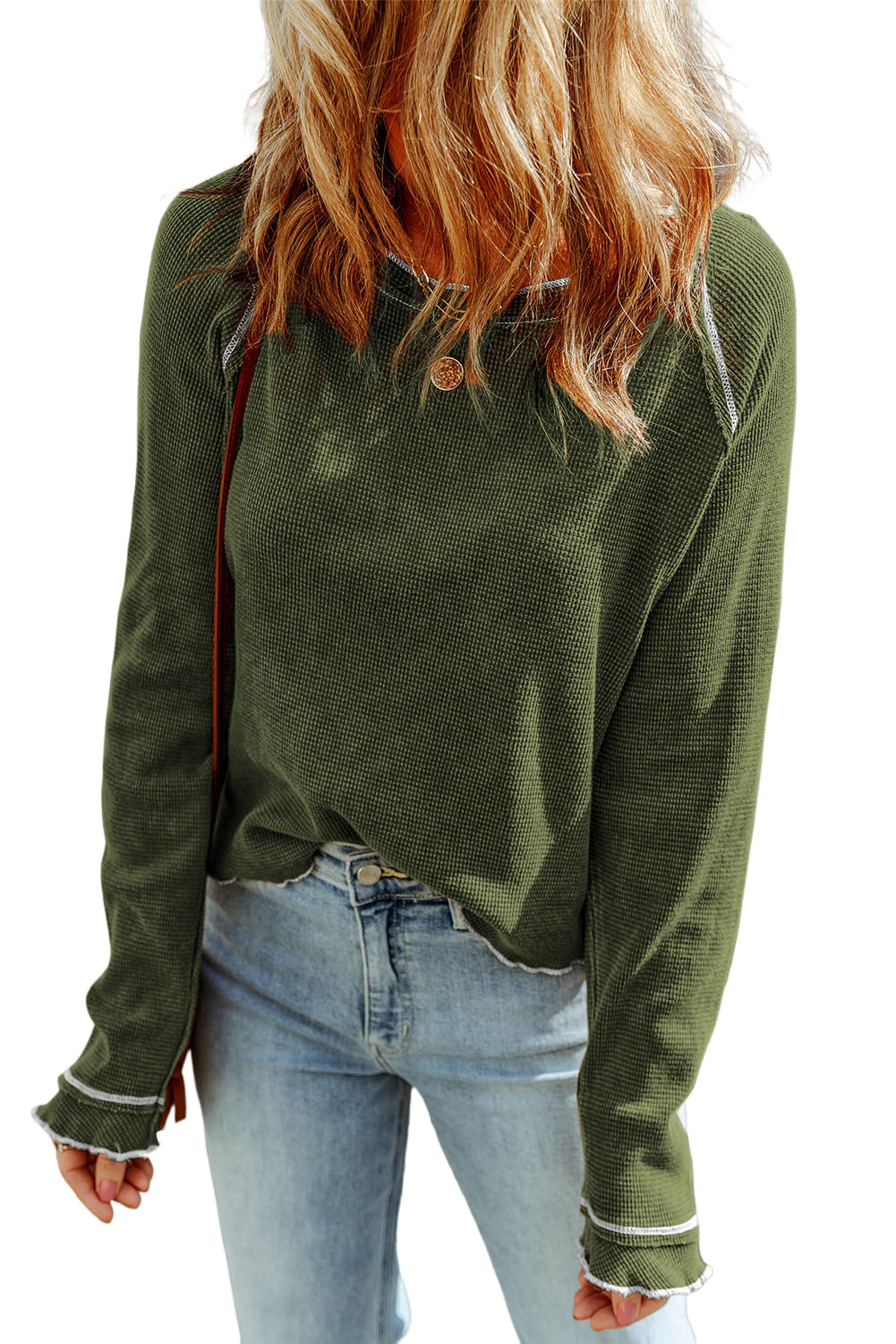 Green Textured Exposed Seam Long Sleeve Top