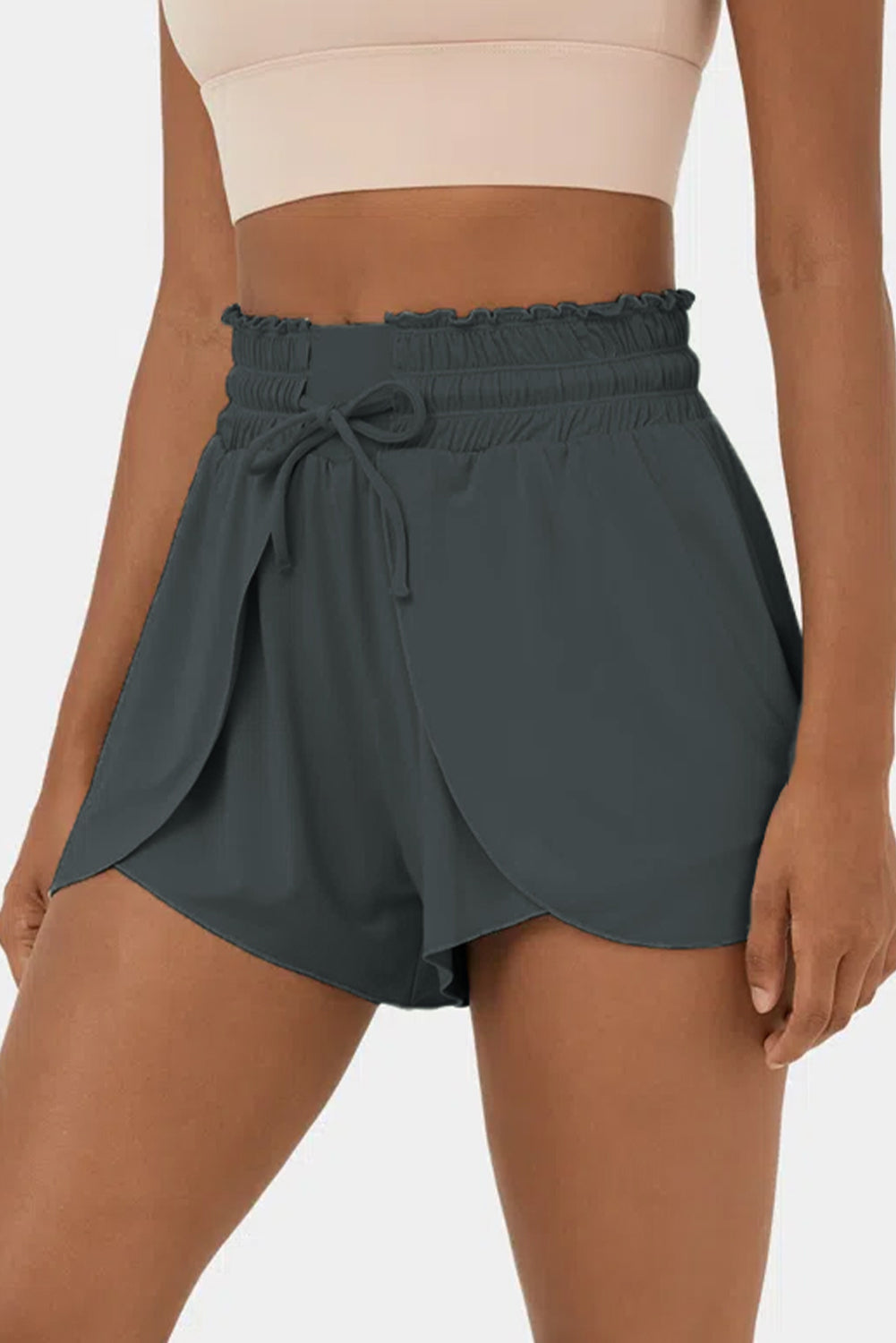 Dark Grey Frill High Waist Petal Wrap Swim Shorts