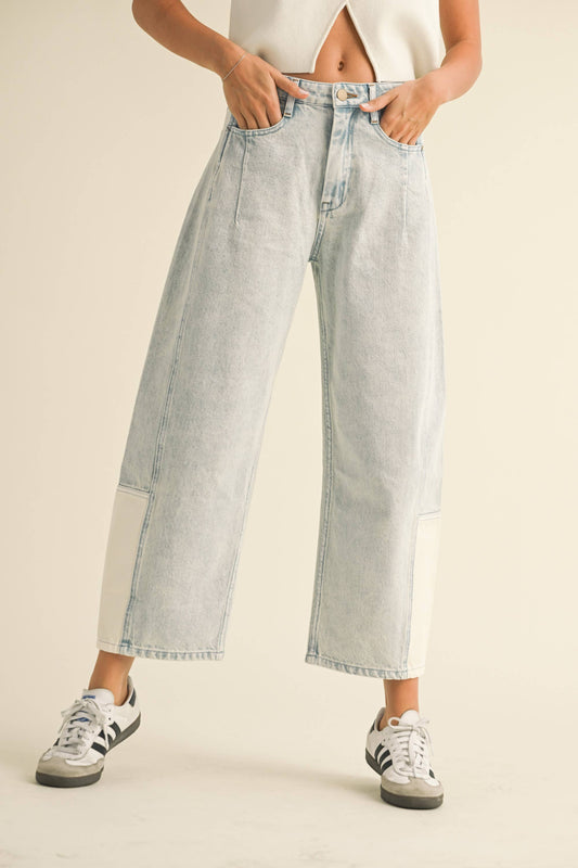 COLOR AND FABIRC COMBINATION BARREL DENIM PANTS