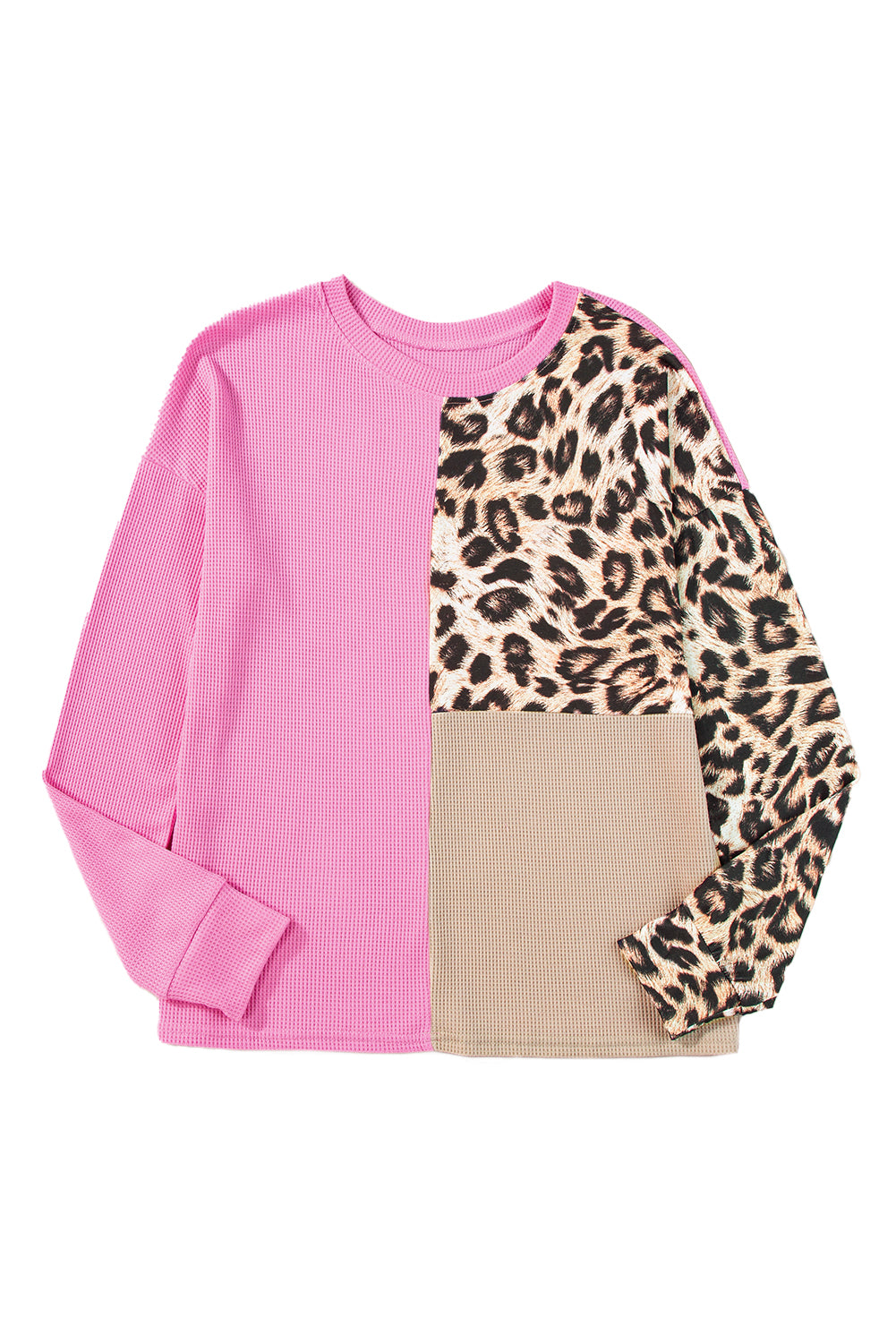 Bonbon Casual Waffle Knit Leopard Contrast Long Sleeve Top