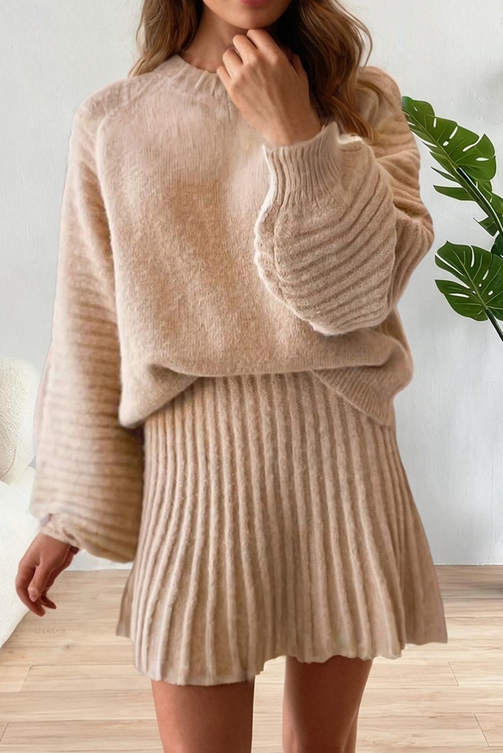 Puff Sleeve Sweater Pleated Mini Skirt 2pcs Knitted Outfit