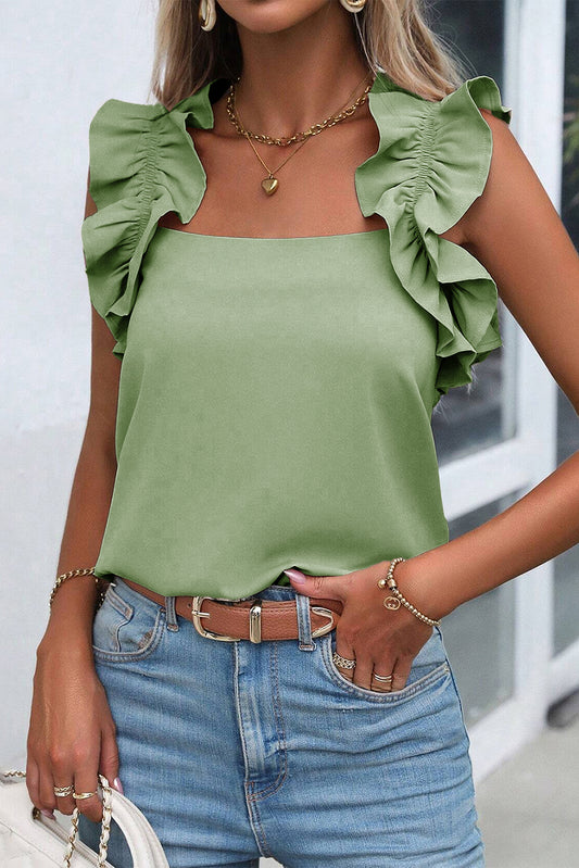 Smoke Green Plain Ruffle Trim Sleeveless Blouse