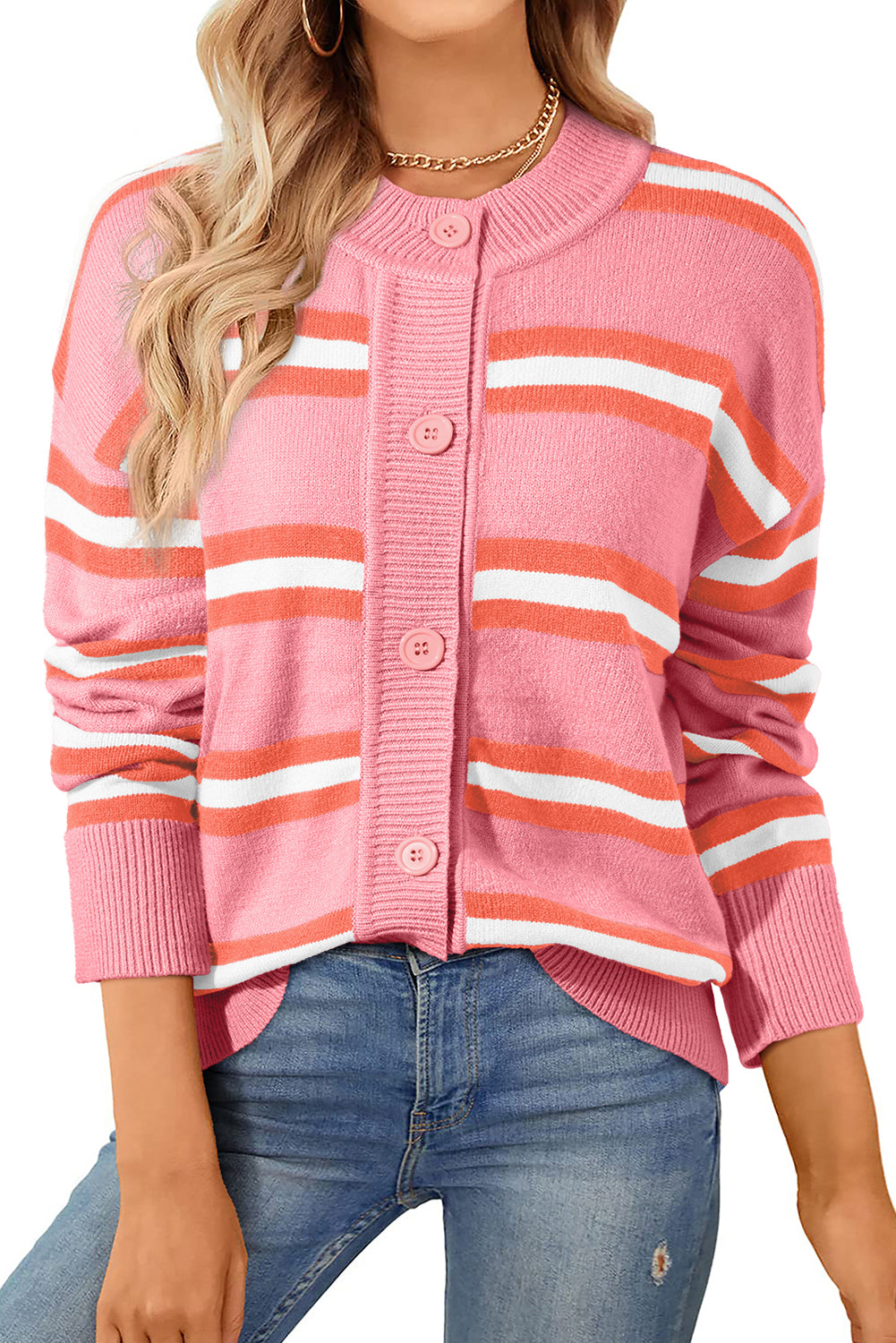 Pink Stripe Button-up Short Cardigan