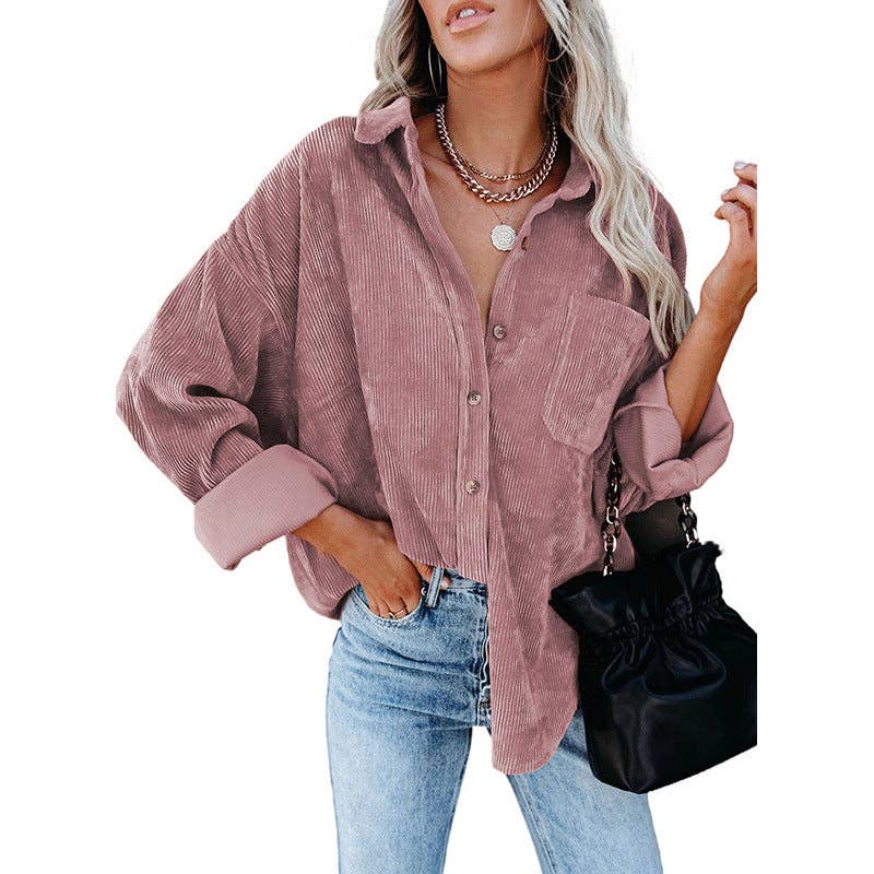 Oversized Corduroy Button-Up Shirt with Chest Pocket