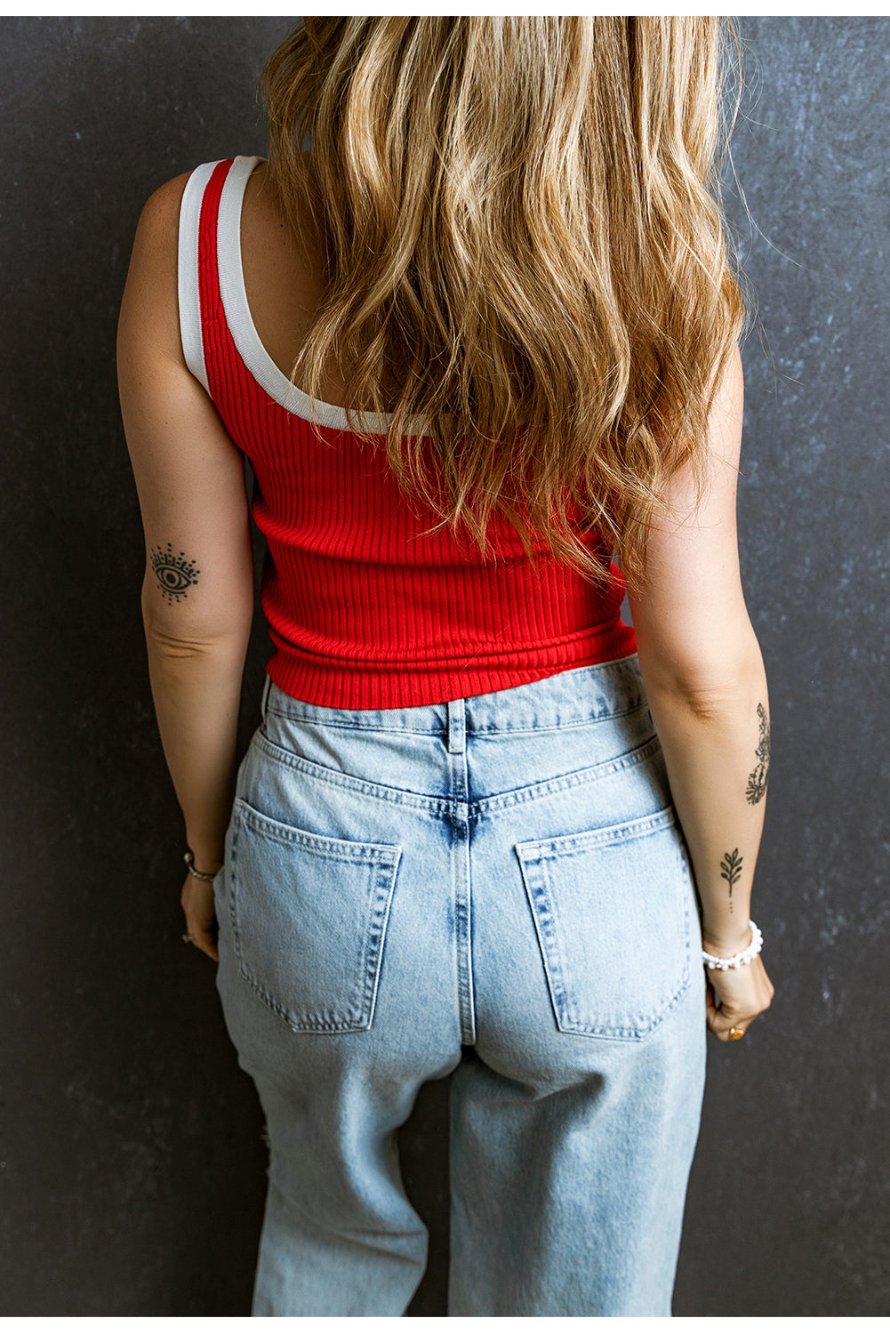 Blue Contrast Trim Ribbed Knit U Neck Tank Top