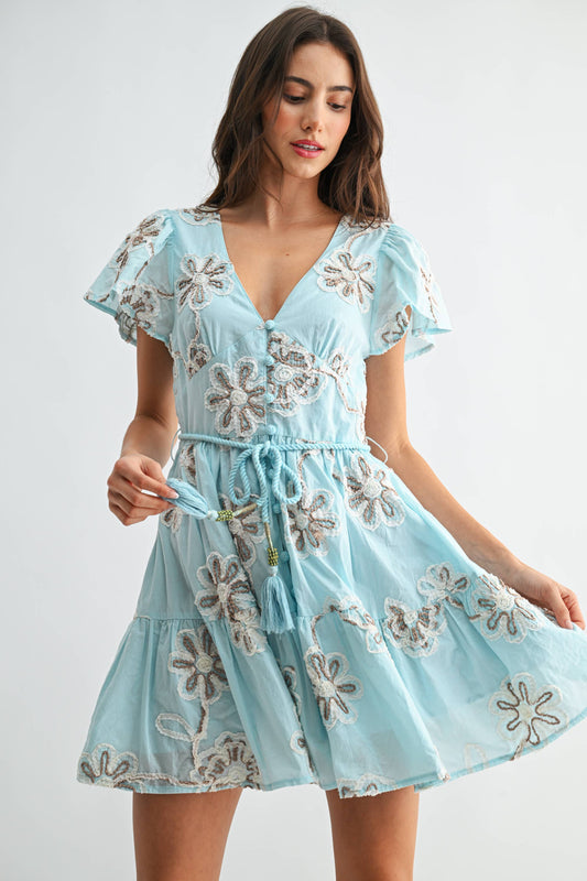 Embroidered Floral Short Sleeve Dress with Belt