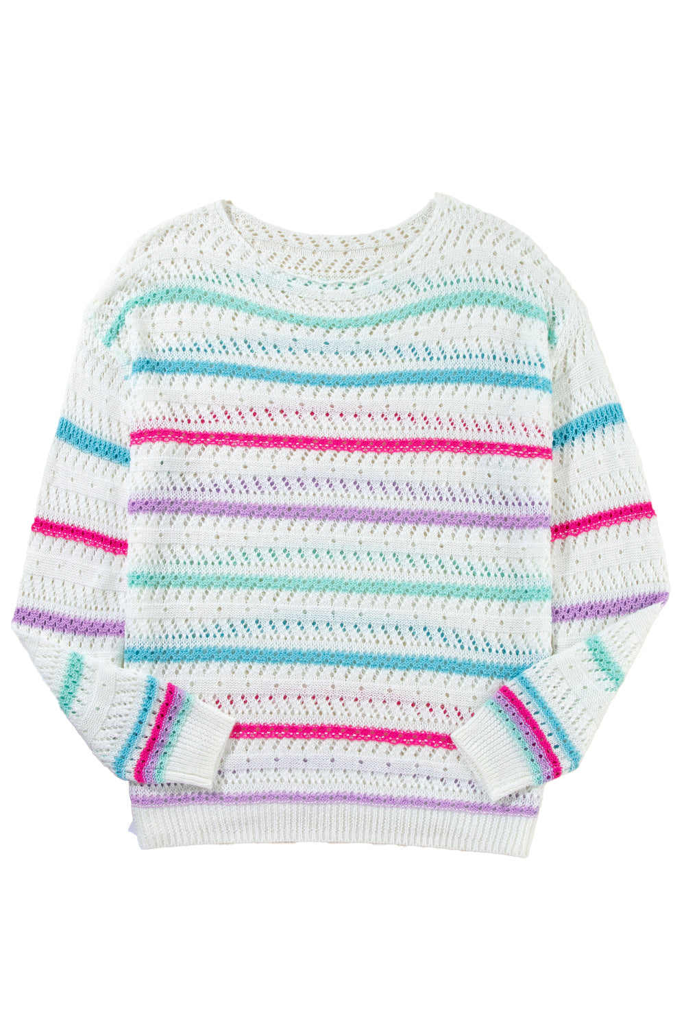 White Striped Hollowed Crochet Loose Fit Knit Top