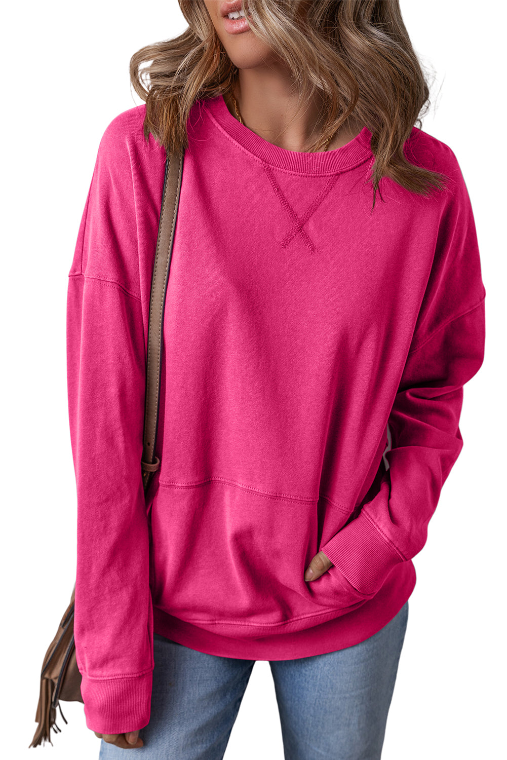 Rose Red Kangaroo Pocket Loose Fit Drop Shoulder Sweatshirt