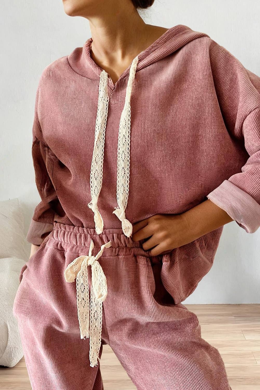 Drawstring Pullover Hoodie and High Waist Pants Corduroy Set