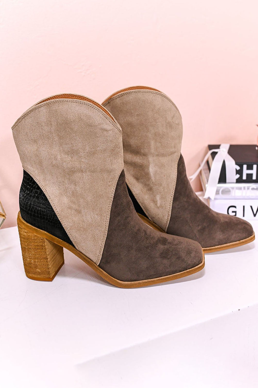 Black Colorblock Suede Heeled Ankle Booties