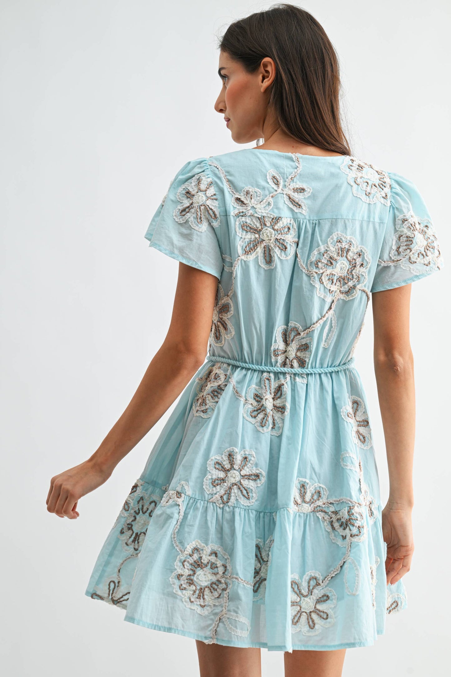 Embroidered Floral Short Sleeve Dress with Belt