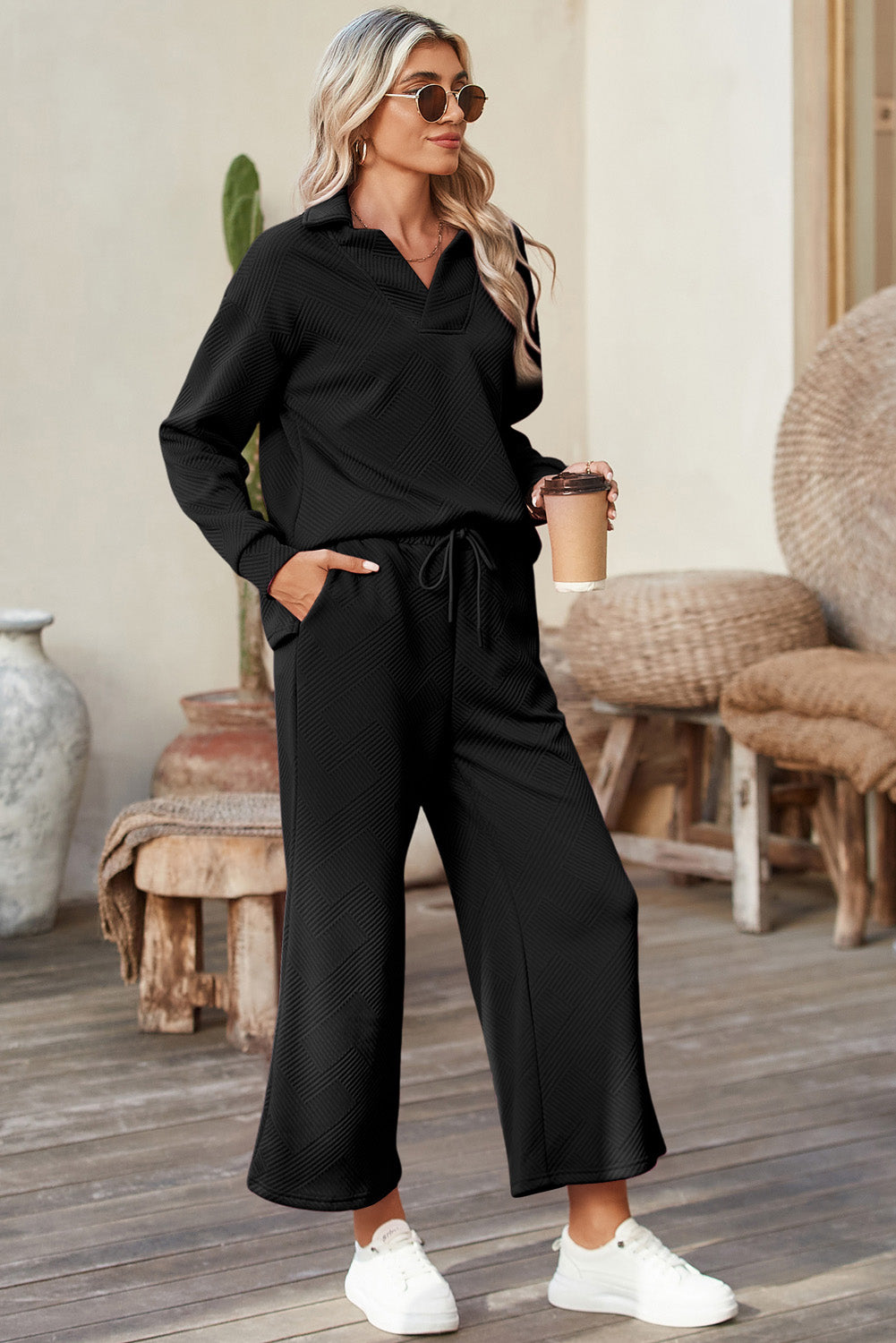 Black Plain Textured Collared V Neck Top and Wide Leg Pants Set