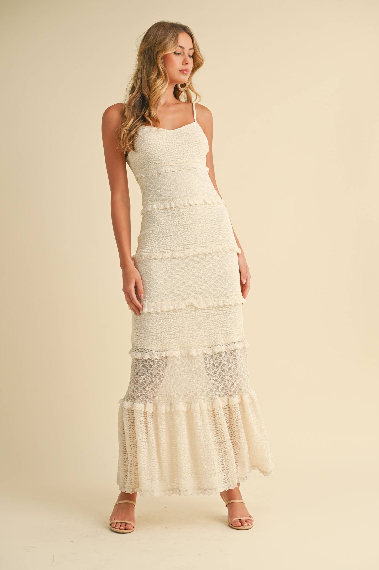 ID8566  TIERED RUFFLED LACE MAXI DRESS WITH PARTIAL LINING