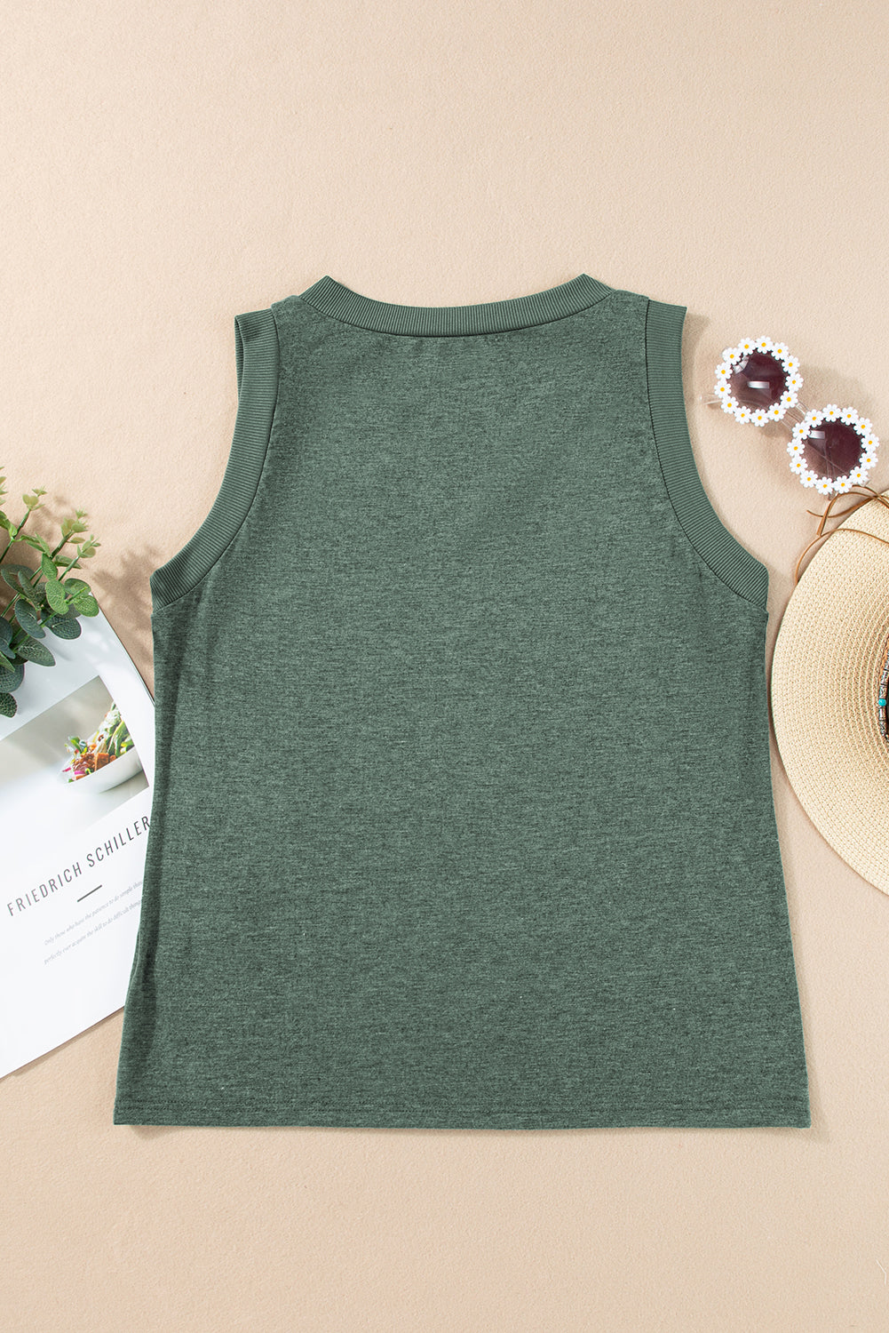 Gray Contrast Trim V-Neck Loose Fit Tank Top