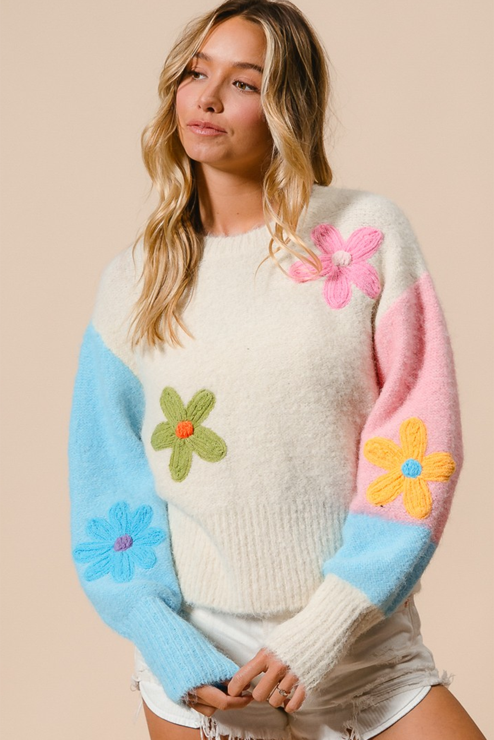 Multicolour Cute Flower Colorblock Knit Sweater