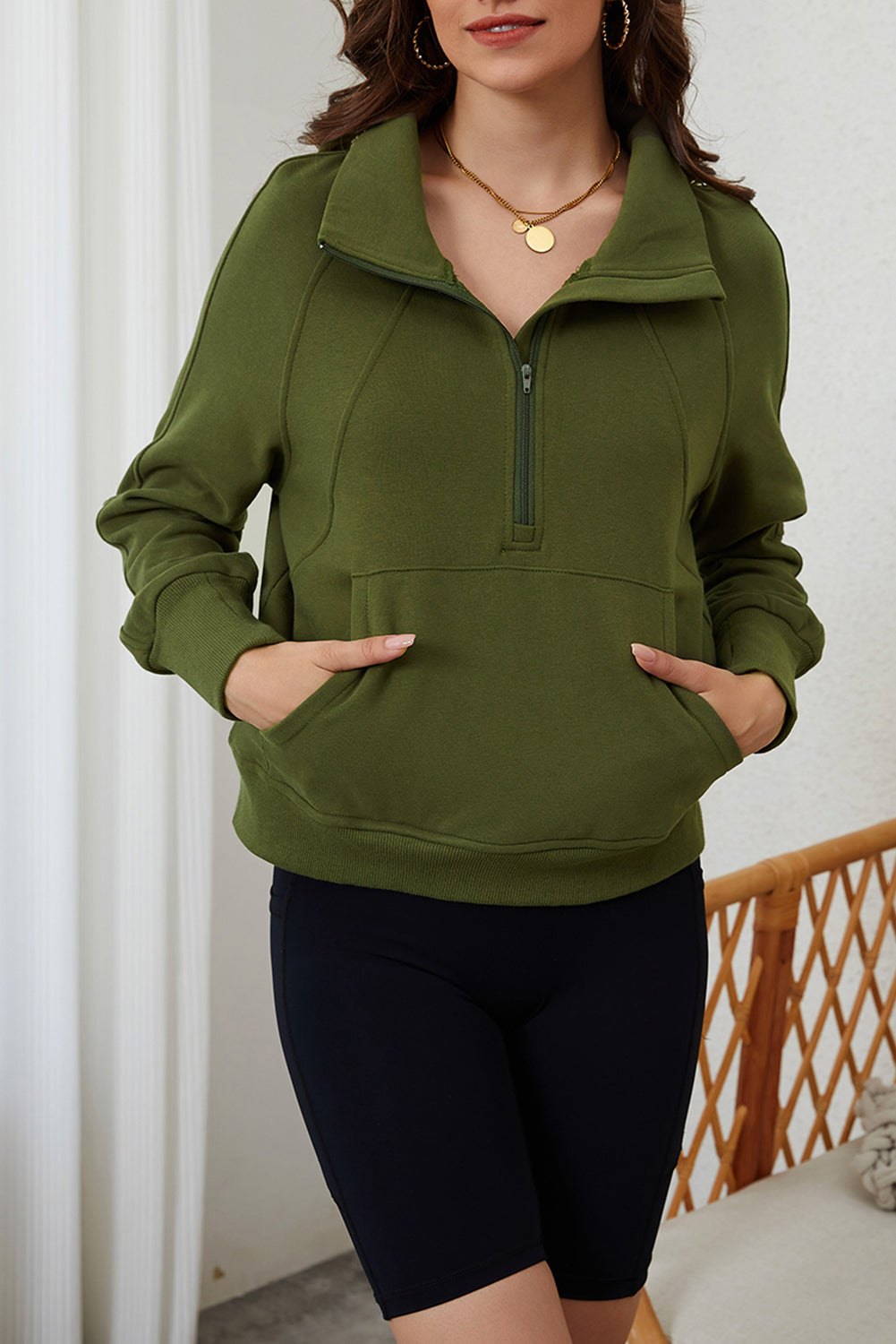 Parchment Quarter Zip Stand Neck Kangaroo Pocket Sweatshirt