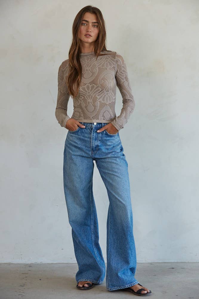 S1228 | Knit Seamless Jacquard Mock Neck Long Sleeve Top