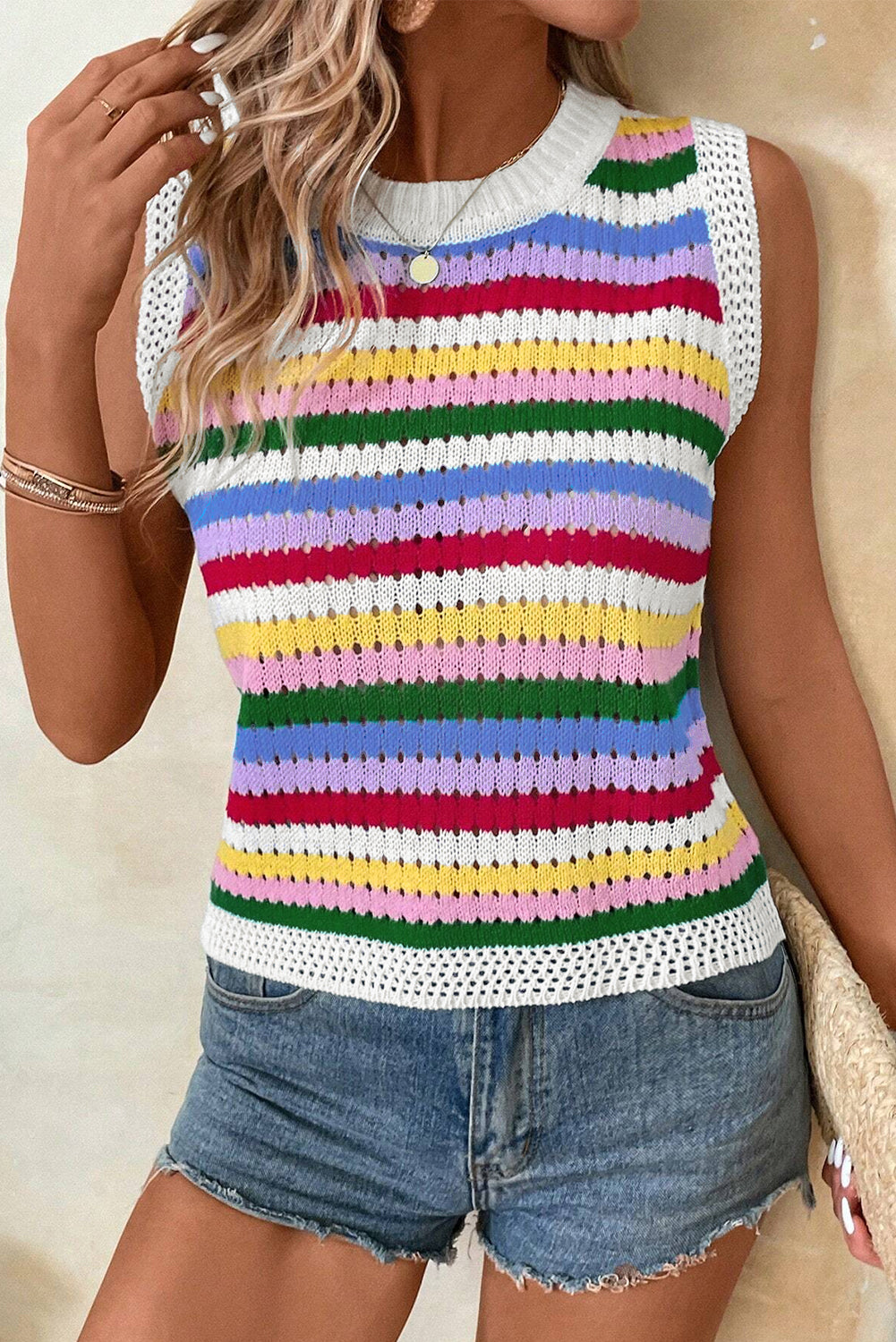 Multicolour Striped Cutout Knit Tank Top