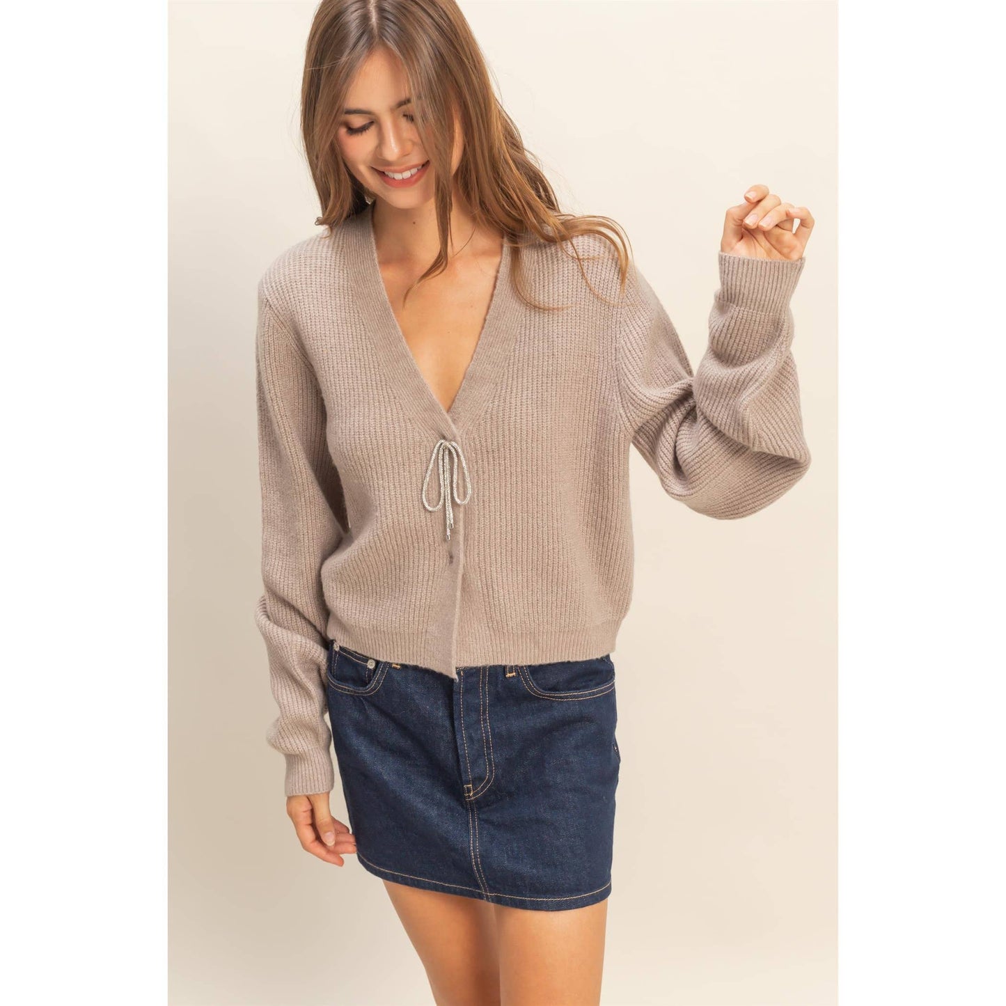 Sparkly Bow Embellished Cozy Cardigan