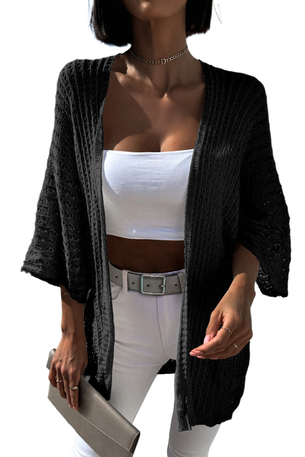 Khaki Hollow-out Bracelet Sleeve Knit Cardigan