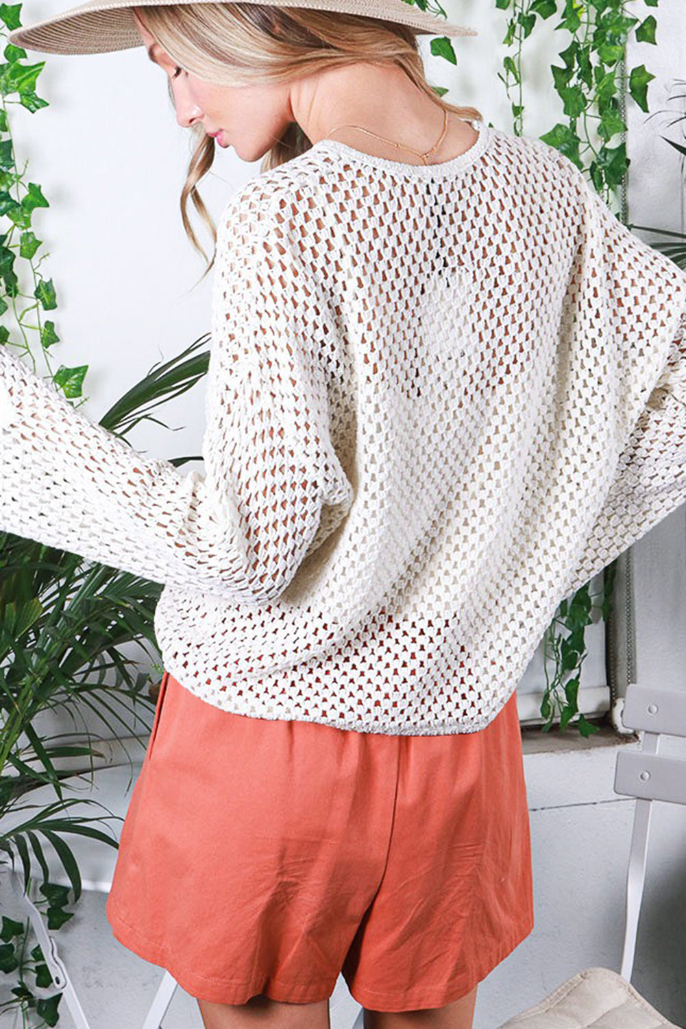 White Buttoned V Neck Split Sleeve Knit Top