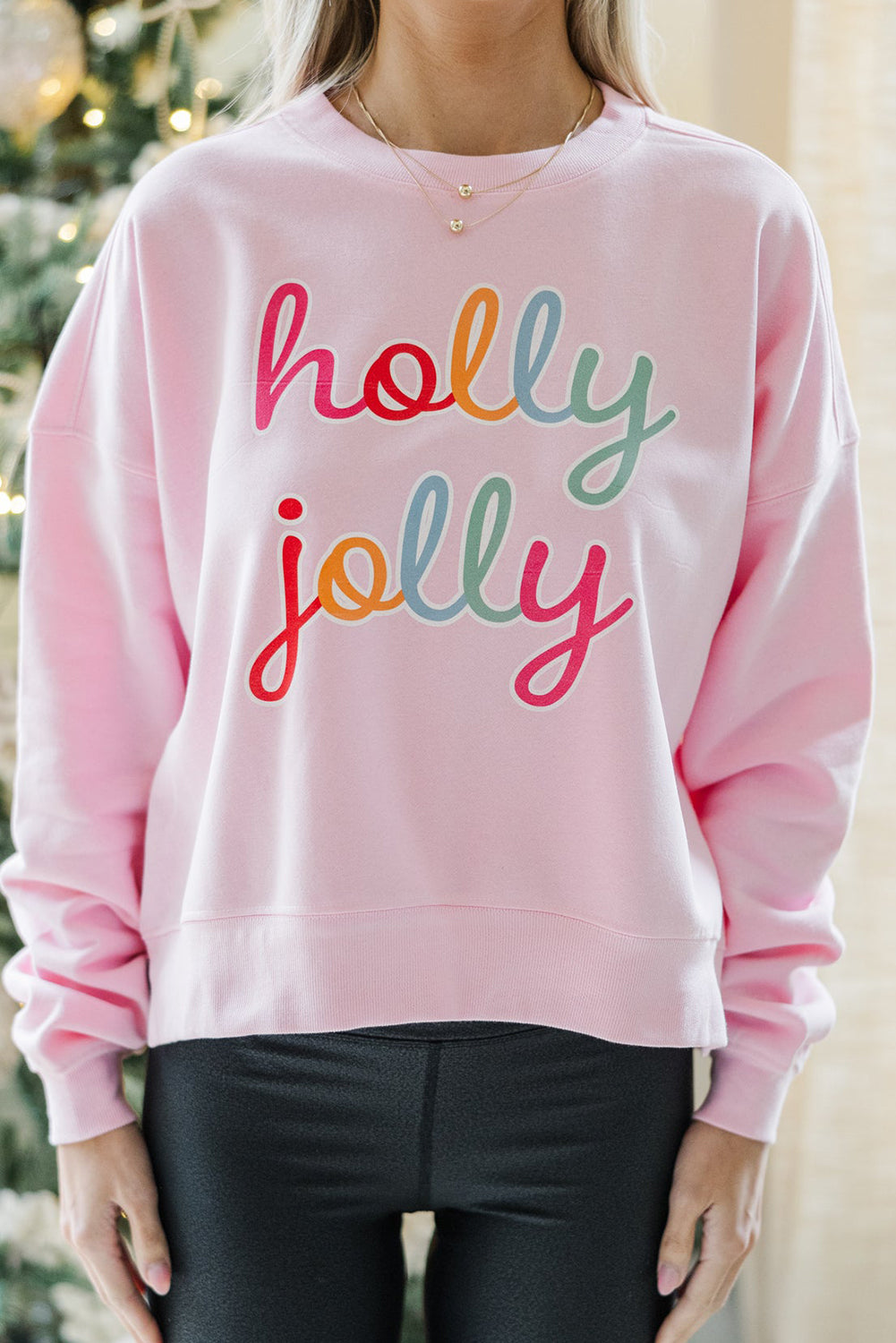 Pink holly jolly Printed Round Neck Sweatshirt