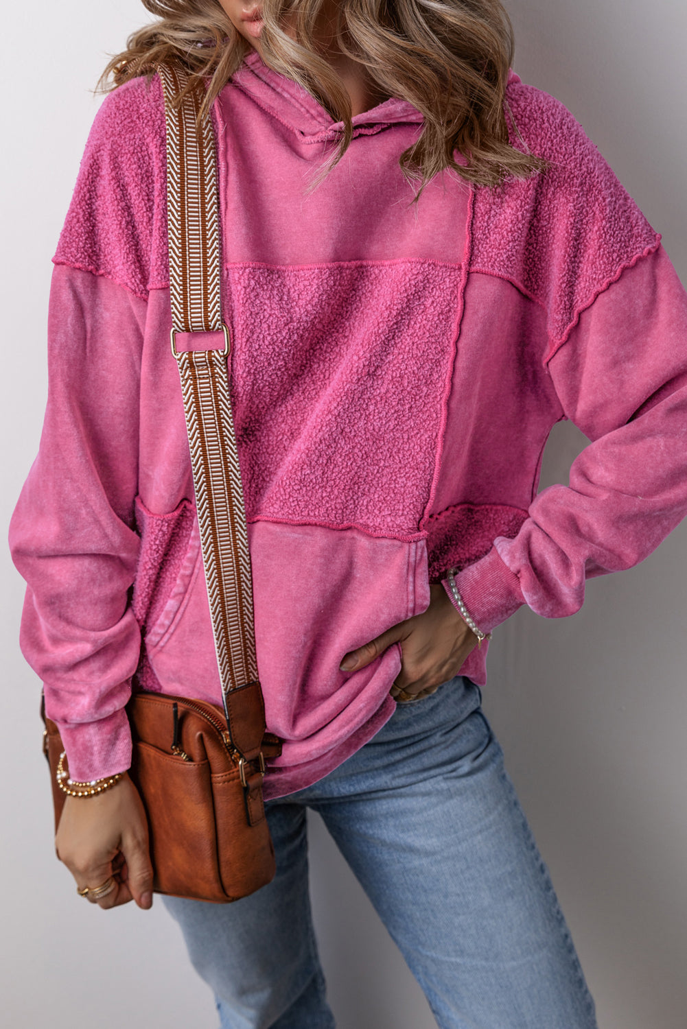 Pitaya Pink Mineral Wash Terry Patchwork Drawstring Hoodie