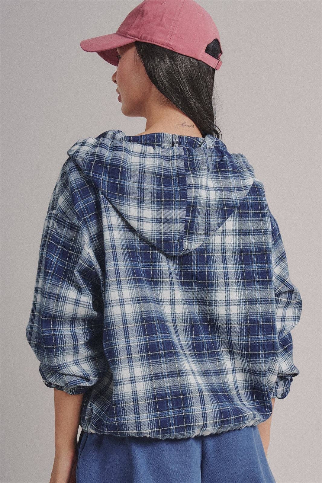 Plaid Flannel Hooded Shacket with Drawstring Hem