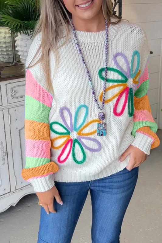 White Vibrant Floral Patched Colorblock Sleeve Knitted Sweater