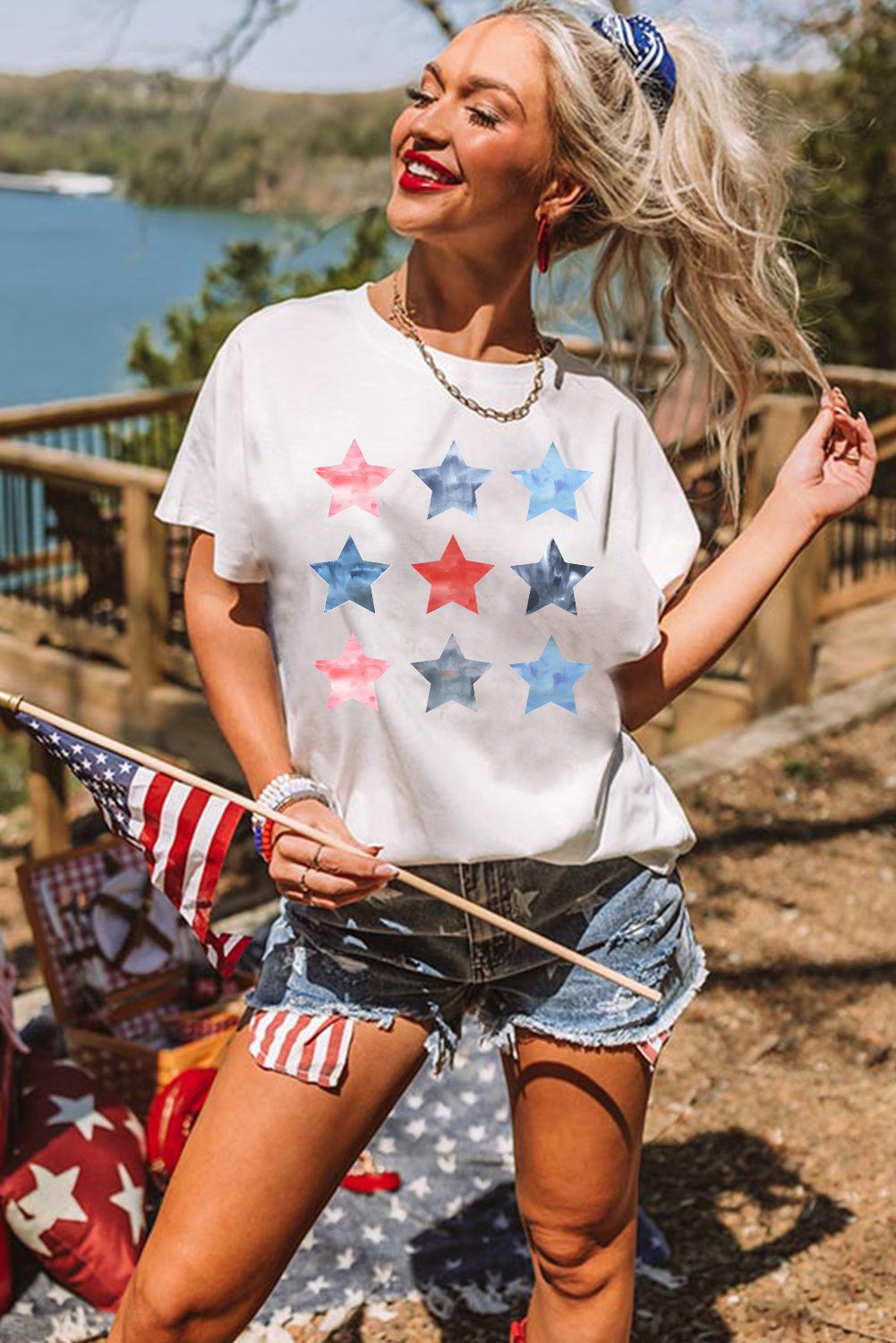 White Stars Graphic Crew Neck Roll Up Sleeve T Shirt