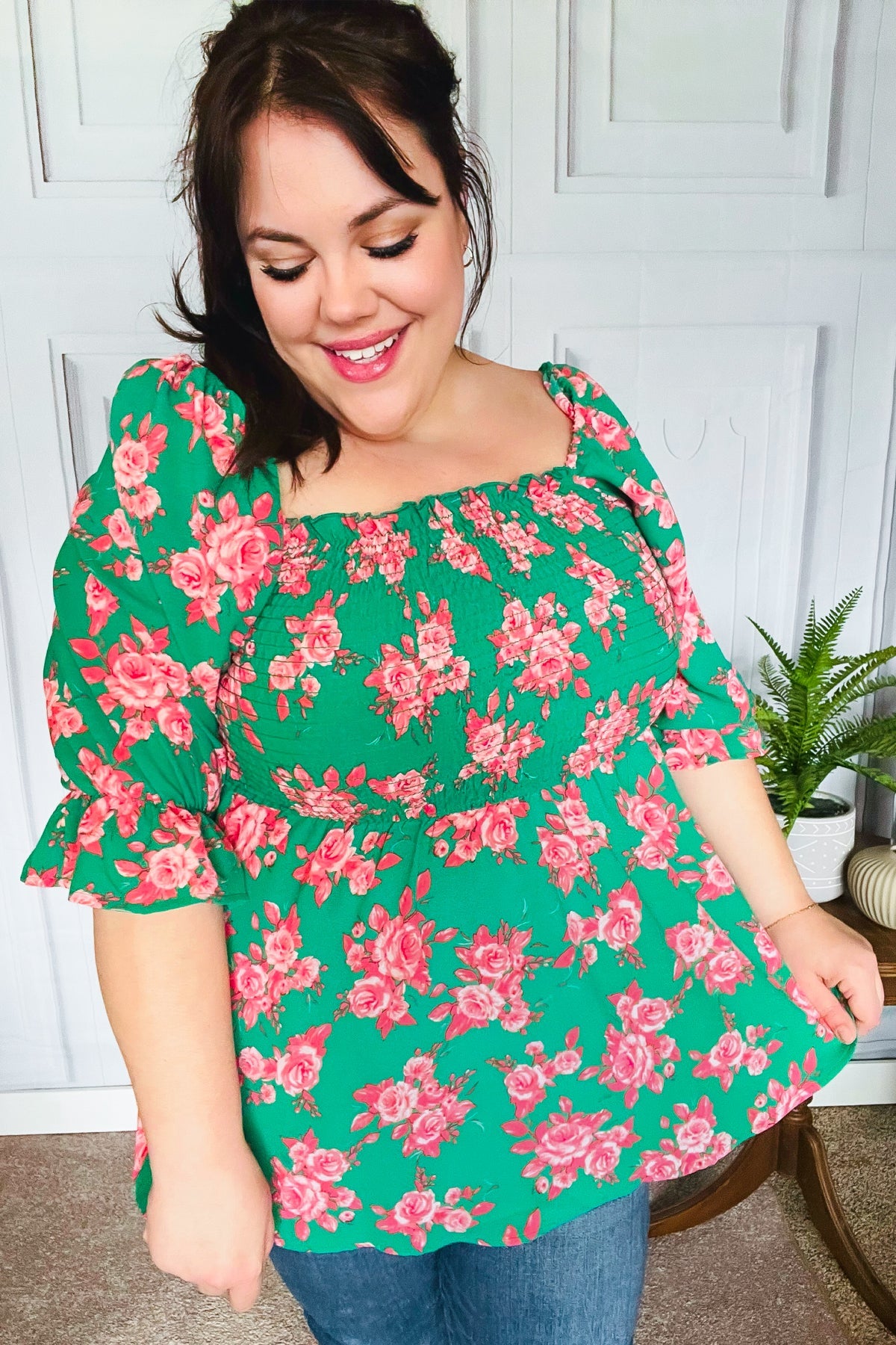 Sumptuous In Smocked Green & Coral Flower Print Babydoll Top