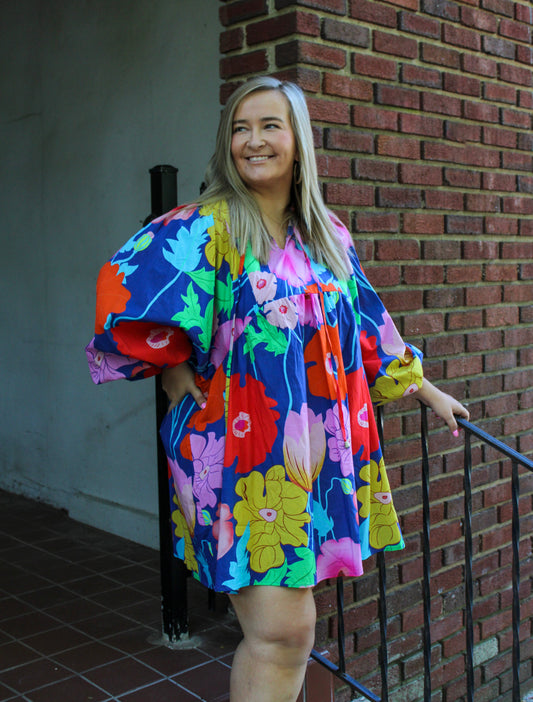 Blue Floral Puff Sleeve Dress LT