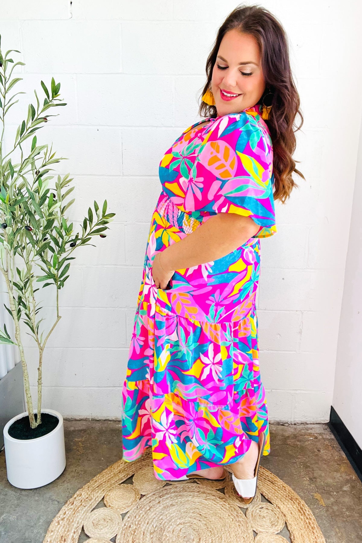 Tropical Trance Fuchsia Floral Smocked Waist Maxi Dress