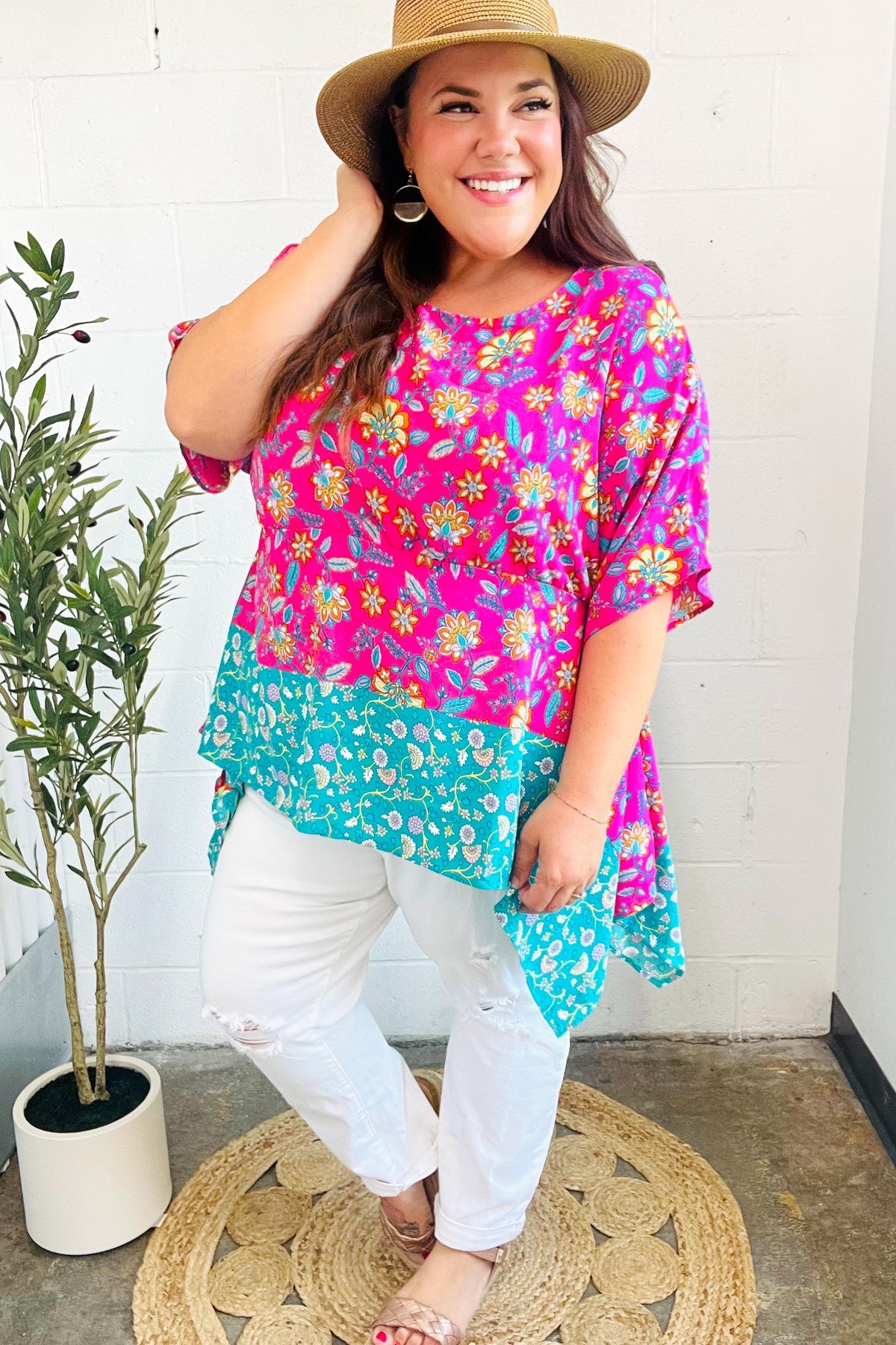 Vacay Ready Fuchsia Paisley Floral Dolman Sleeve Shark Bite Top