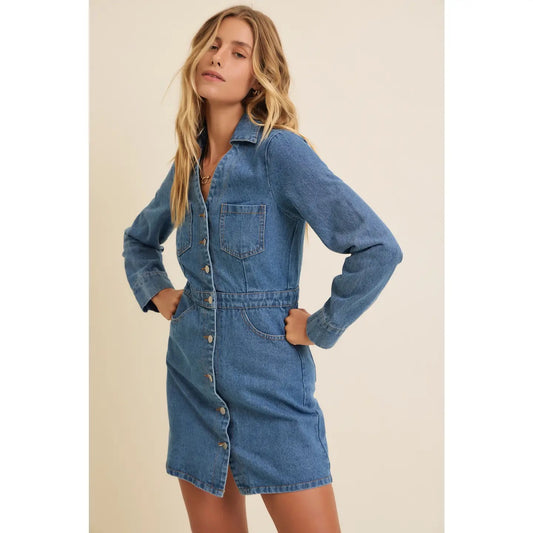 Button Down Long Sleeve Mini Denim Dress