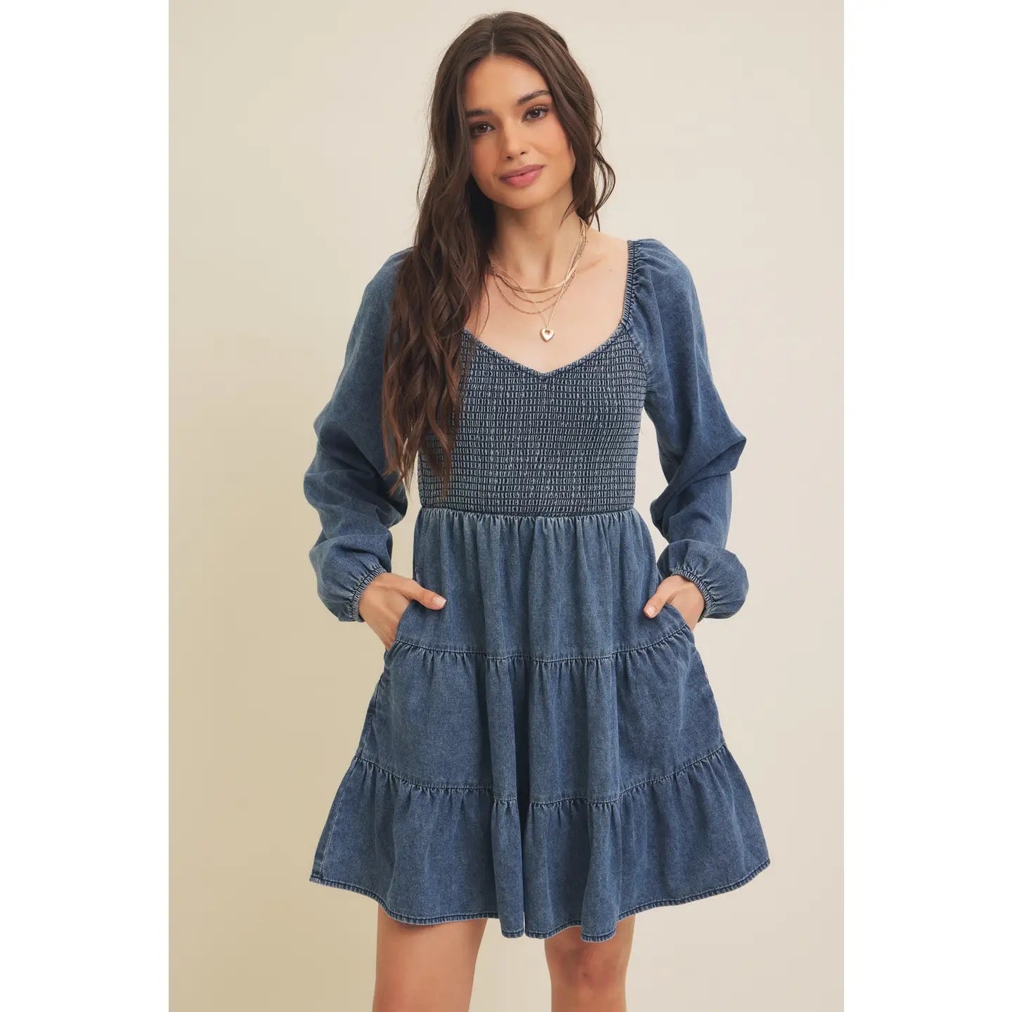 Sweetheart Neck Tiered Washed Denim Dress