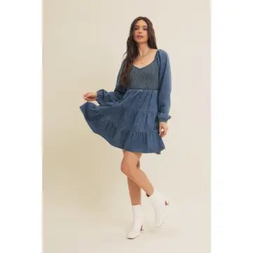 Sweetheart Neck Tiered Washed Denim Dress