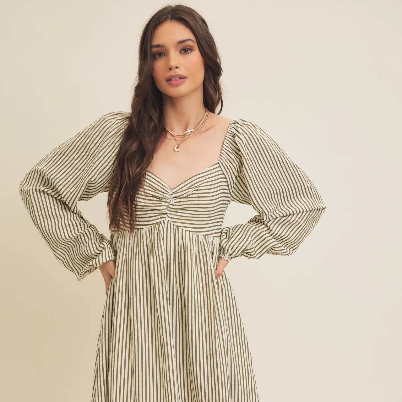 Stripe Front Ruched Balloon Sleeved Midi Dress