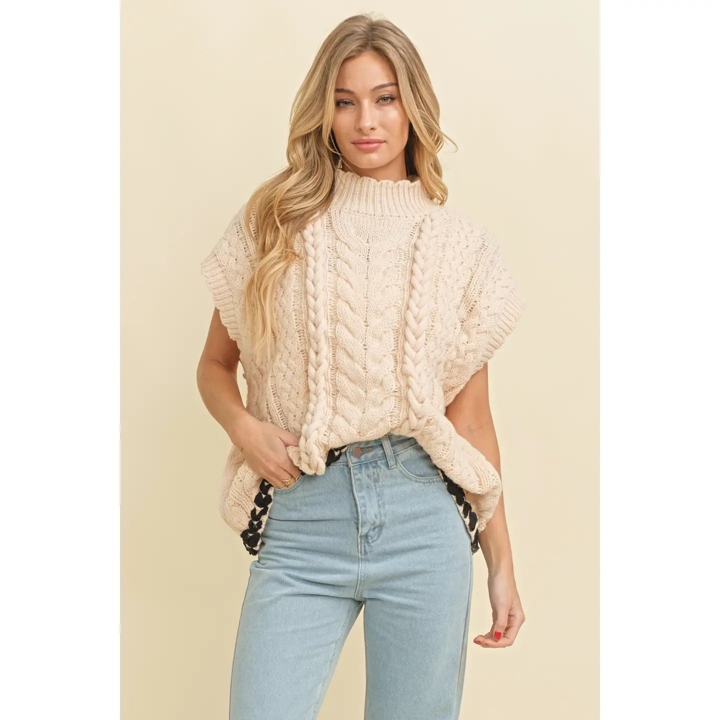 Cable Knit Drop Shoulder Contrast Stitch Sweater