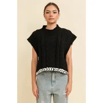 Cable Knit Drop Shoulder Contrast Stitch Sweater