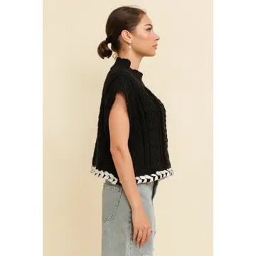 Cable Knit Drop Shoulder Contrast Stitch Sweater