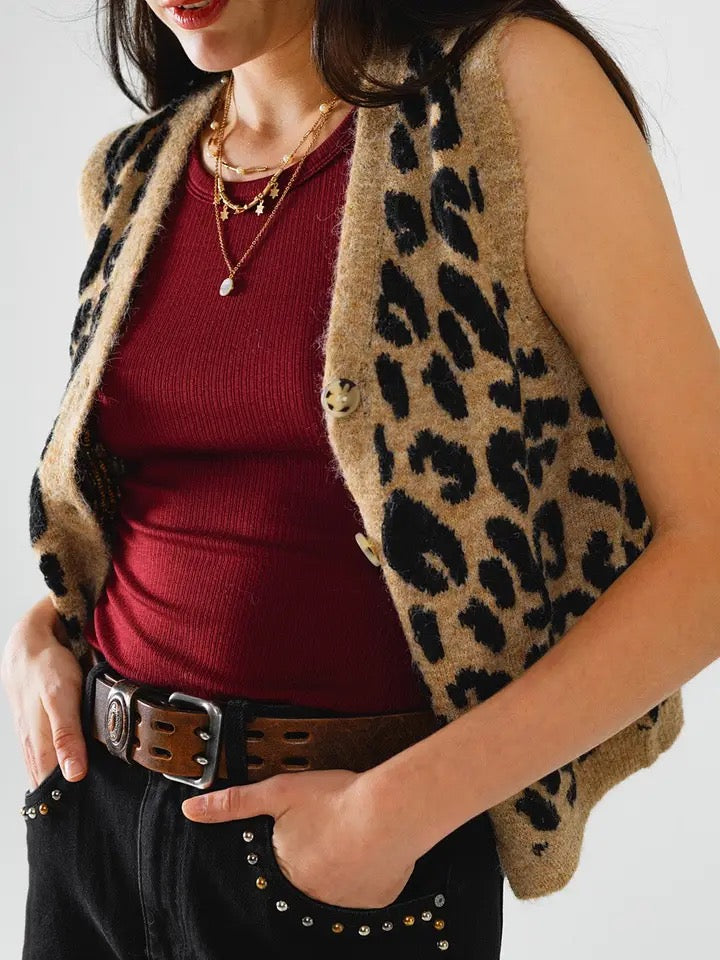 Leopard Print Knitted Vest Camel One Size Fits All