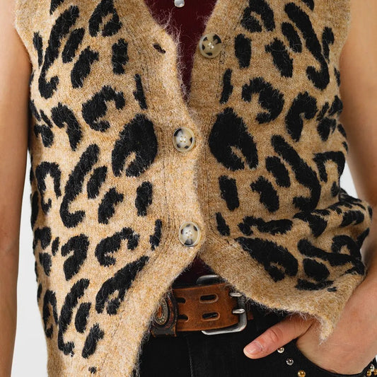 Leopard Print Knitted Vest Camel One Size Fits All