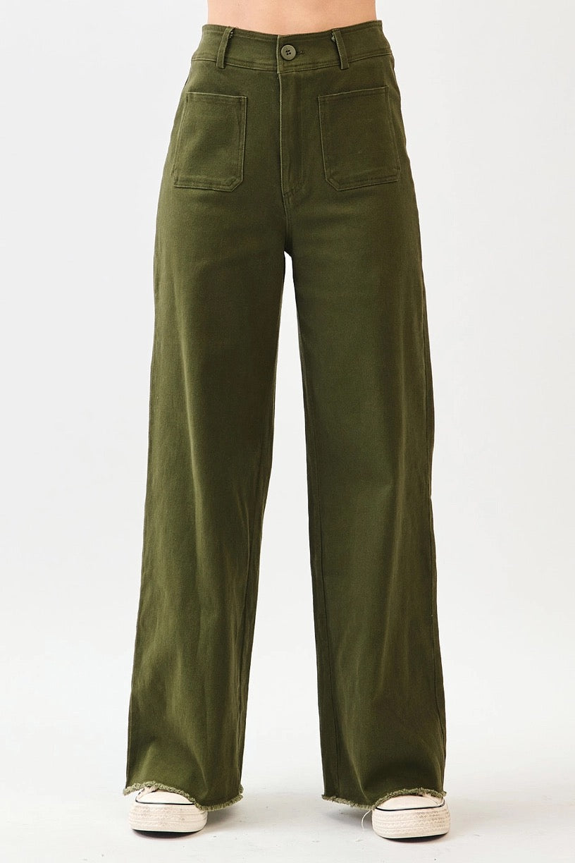 2 Pocket Detail Wide Leg High Waist Pants