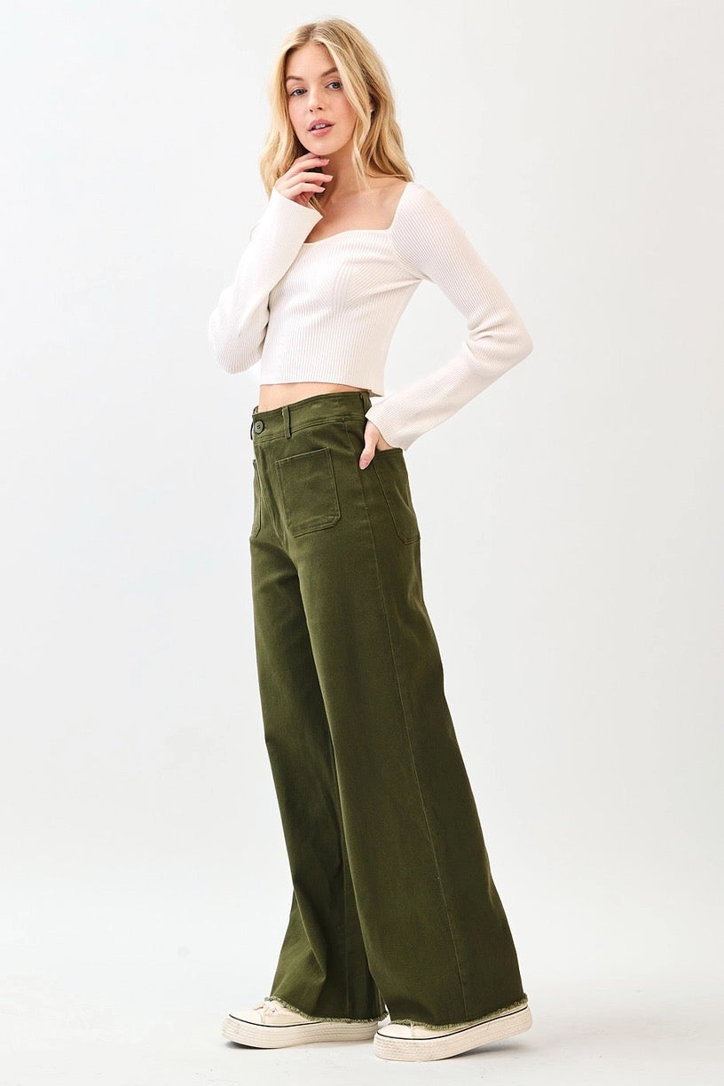 2 Pocket Detail Wide Leg High Waist Pants