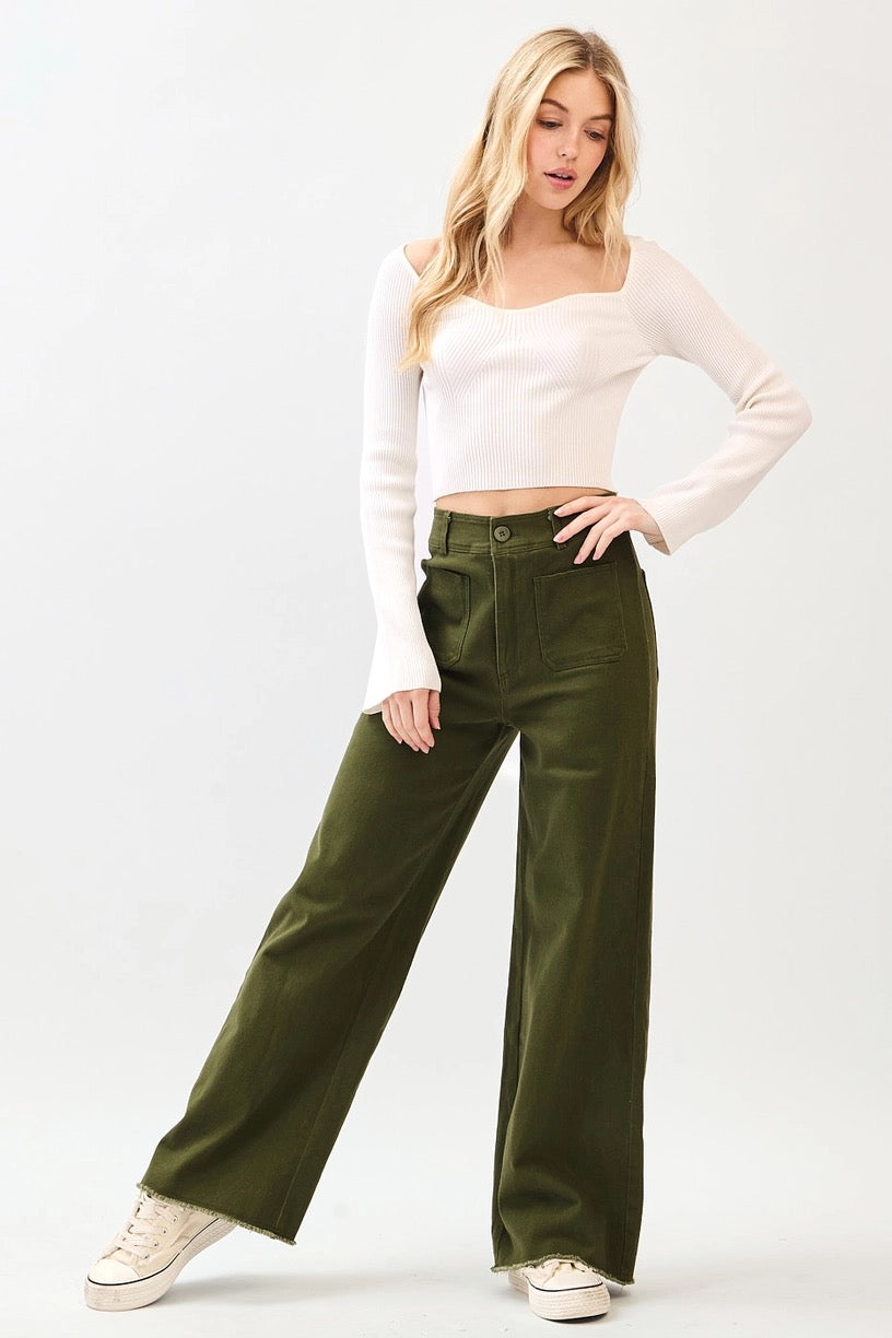 2 Pocket Detail Wide Leg High Waist Pants
