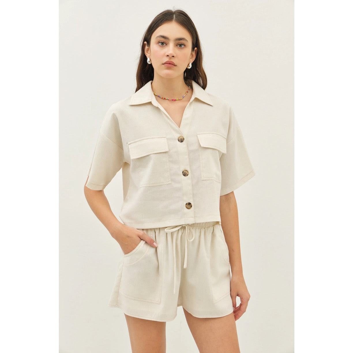 Oatmeal Over Sized Button Down 2 Piece Set