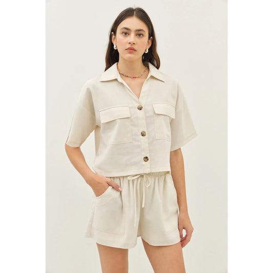 Oatmeal Over Sized Button Down 2 Piece Set