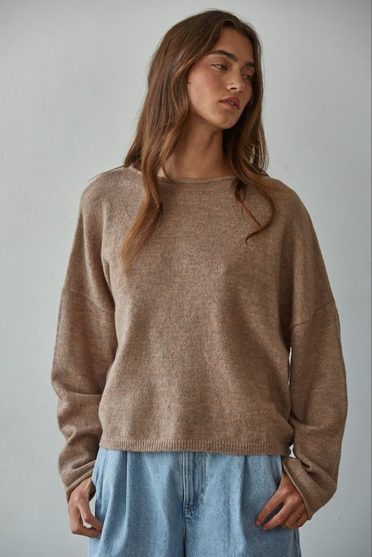 Knit Sweater Rolled Round Neck Pullover Top